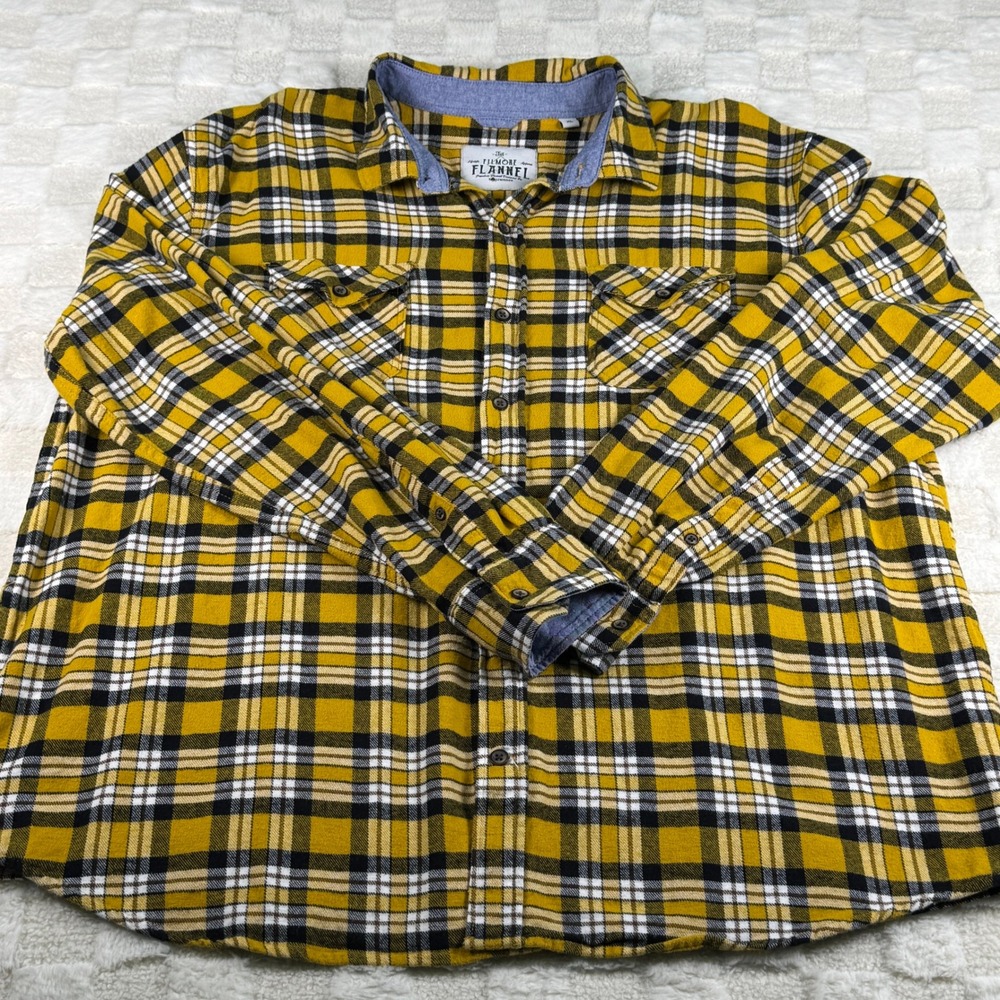 Tallwoods Filmore Flannel Mens XL Yellow Black Plaid Button Down Cotton Shirt